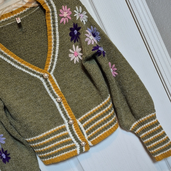 Anthropologie Floral Embroidered - Olive Green Cardigan Sweater - Picture 3 of 4